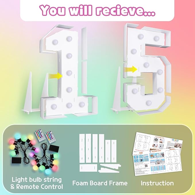 Marquee Numbers 15th Birthday Decoration: Colorful 3FT Large Light Up Quinceanera Birthday Decorations Anniversary Backdrop Cardboard Sign 18 Colors Number 15 Mosaic Balloon Frame