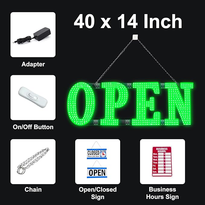 40"x14" Large LED Open Signs for Business Super Bright Unique Design Green Open Sign with Hanging Installation for Window Stores Bar Hotel Retail Shops Salon Restaurant Office
