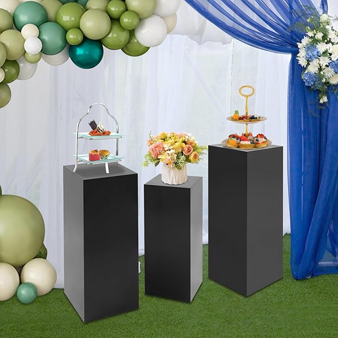 6Pcs Metal Display Pedestal Stands, Square Flower Display Pillars Rack for Wedding Party Decor, Dessert Table Display Cake Plant, Column Decorative Cube (Black, 3PCS)