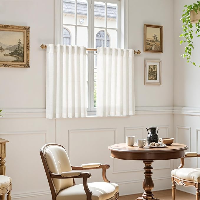 Nanspring 24 Inch Linen Curtains for Kitchen Beige White Small Window Semi Sheer Curtains Back Tab and Rod Pocket Light Filtering Drapes for Basement Short Cafe Curtain 26 x 24 Inch, 2 Panels