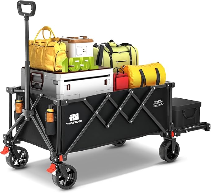 Collapsible Wagon Cart with Extended Tailgate,Heavy Duty Folding Cart, 155L Foldable Utility Wagons for Beach, Picnic, Grocery, Outdoor Camping(Black)