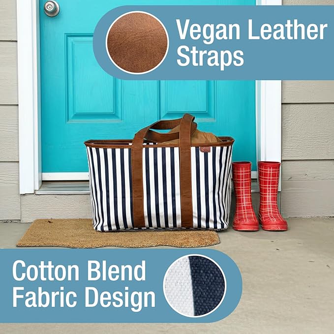 CleverMade Collapsible LUXE Tote - Navy Striped 1 Pack 30L / 8 Gal - Reusable Grocery Shopping Storage Bag Organizer w/ Handles Reinforced Bottom