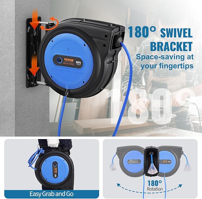 VEVOR 80FT Retractable Extension Cord Reel, 12AWG/3C SJTOW Heavy Duty Power Cord w/Lighted Electrical Triple Tap Outlets, 15A Circuit Breaker,180° Swivel Bracket for Workshop or Garage, Blue