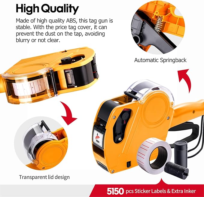 KPX Pricing Tag Gun, 8 Digits, 5150 White Labels, Yellow (Rectangular, Paper, 21*12 mm), One Touch Open System, Incl 3 Inker Rollers