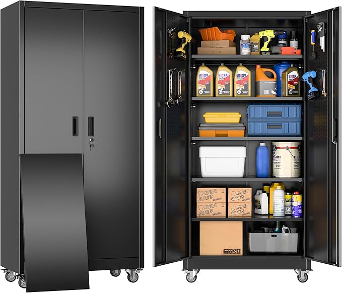 Garage Storage Cabinet with Wheels & Pegboard, Lockable Metal Storage Cabinet with Doors and 5 Adjustable Shelves for Garage Workshop Home, Assembly Required, Black, 71" H×34" W×18" D