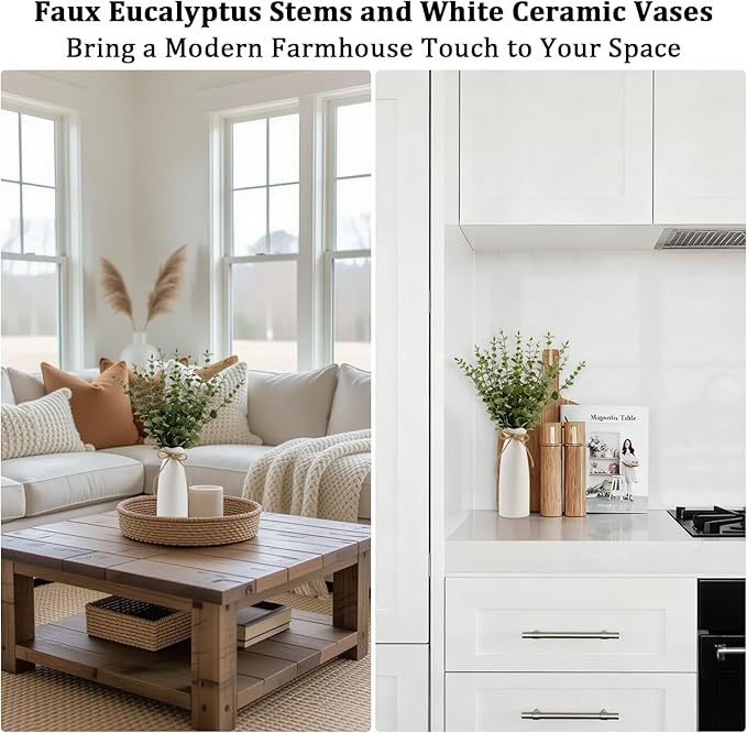 19" Fake Plants with Vase,40 Faux Eucalyptus Stems 2 White Ceramic Vases Realistic Artificial Plants indoor Artificial Greenery Stems in Vases for Centerpieces Bathroom Bedroom Modern Farmhouse Decor
