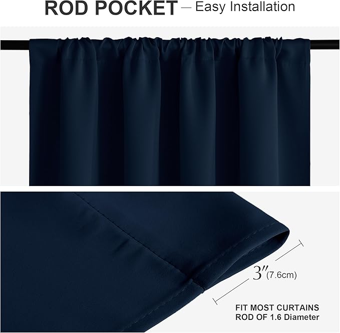 PONY DANCE Short Length Curtains for Kitchen, Solid Half Window Curtain Tiers for Bathroom Energy Saving Privacy Shade for RV Camper, 29W x 30L, Navy Blue, 2 Pieces
