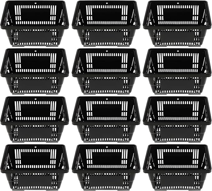 12 Pcs Shopping Baskets,21L/5.5gal Durable Black Plastic Store Shopping Baskets w/Handles Convenient Sundry Laundry Basket,17*9*12in Portable Store Retail Baskets Set for Market Thrift,Black