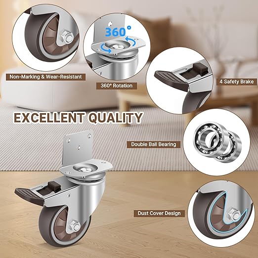 W B D WEIBIDA 3 Inch Side Mount Casters Wheels, L-Shaped Rubber Casters Set of 4, 360 Degree Ball Bearing Swivel Casters, Heavy Duty Locking Casters Wheels for Workbench, Baby Beds, Cabinets, Tables