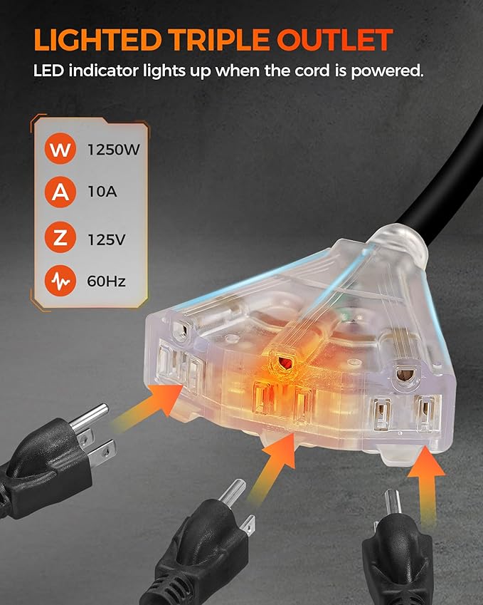 Retractable Cord Reel, 75 FT Heavy Duty Extension Cord, 14AWG/3C SJTOW, 3 Grounded Outlets Lighted Triple Tap, 10A Circuit Breaker, Wall/Ceiling Mounted, UL Listed, Black B75CR06