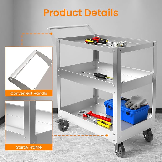 3-Tier Gauge Stainless Steel Multi-Functional cart, 1100-pound Heavy-Duty Wheeled Service cart, Wheeled Rolling Tool cart, Suitable for Mechanics, garages, workshops, Warehouses