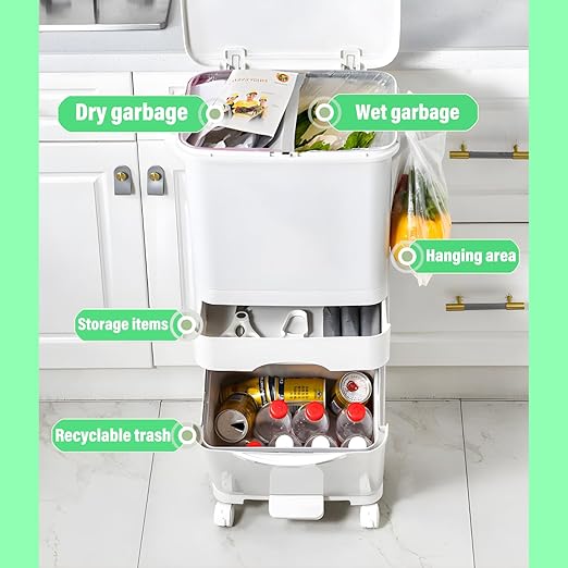 42L Kitchen Trash Can, Large Three-Layer Dual Trash and Recycling Bins, Vertical Dry and Wet Separation Waste Sorting Bins with Wheels for Kitchen, Bedroom, Livingroom, White (Without Bucket)