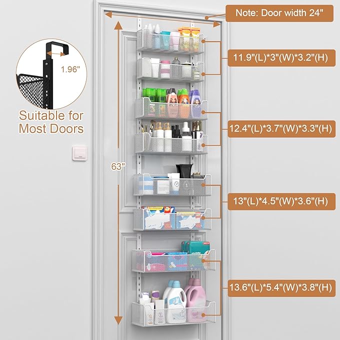 Over The Door Organizer, 8-tier Metal Door Organizer Hanging with Adjustable Baskets, Behind The Door Storage for Bedroom Closet Bathroom Pantry Cabinet Kitchen, White