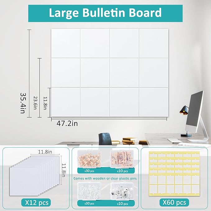 Cork Bulletin Board 48" x 36" - Large Dart Board Wall Protector - 12 Pack Felt Tiles, 60 Removable Safe Adhesive Tabs & 40 Pushpins - for Office, School, Home Decor - Pure White