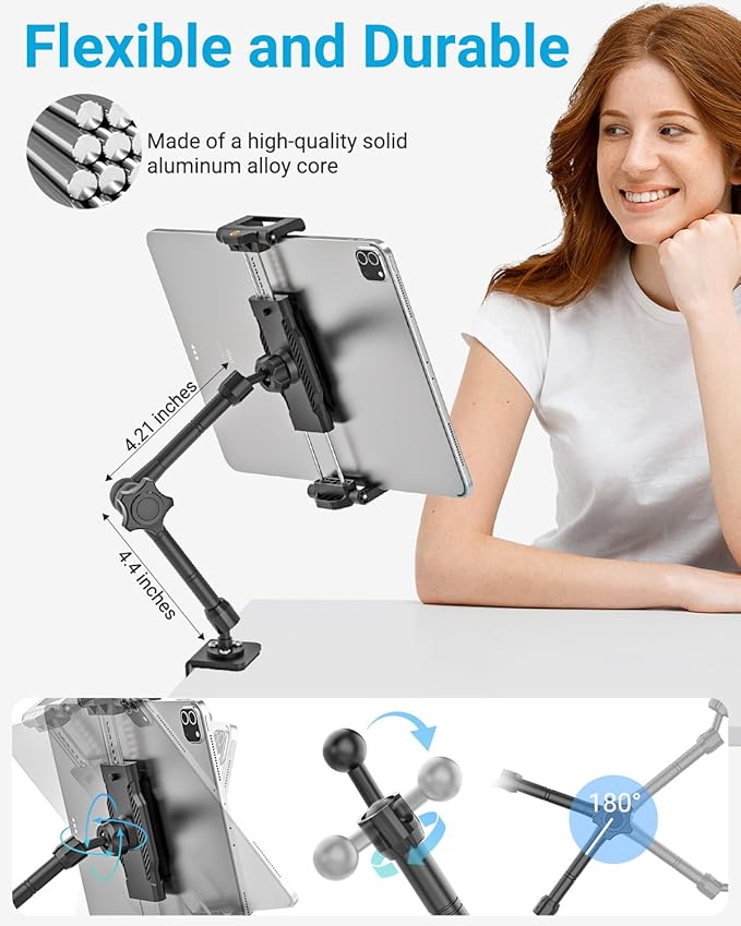 Metal Kitchen Tablet Stand, Fit for 6.1-15.6" Devices, Magic Long Arm Mount for Cabinet, Desk, Table, with 360° Foldable Rotation Aluminum Holder, Compatible with iPad Pro/Air/Mini, Galaxy Tab