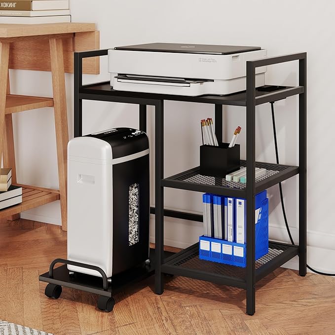 Giantex 3-Tier Printer Stand with Charging Station, 2 Open Storage Shelves, Side PC Stand on Wheels, 25" x 16" Mobile Printer Table for Computer Tower, Printer Shredder, Fax, Under Desk, Home Office