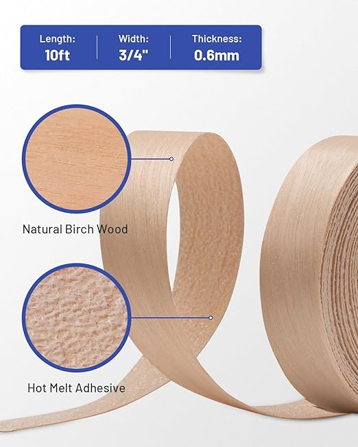 Birch Edge Banding 3/4 inch x 10 ft Real Wood Veneer Plywood Edge Banding Iron-on Pre-glued Veneer Edging Tape for Cabinet Repairs Furniture Restoration