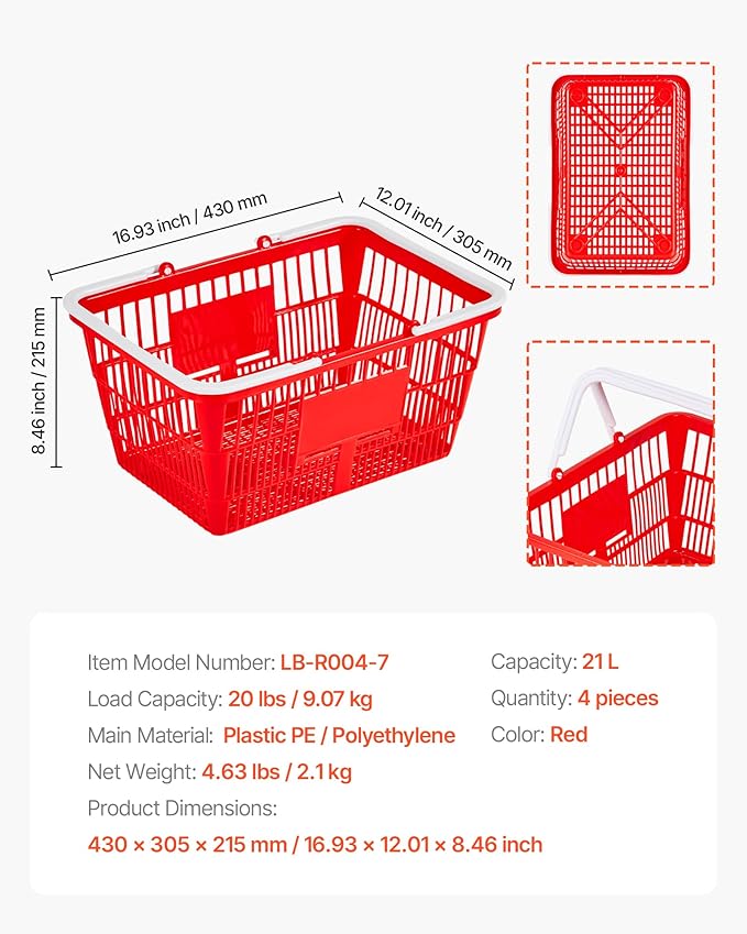 VEVOR Shopping Baskets, 4 PCS, 21L Stackable PE Plastic Grocery Baskets with Handles, Dense Mesh Structure, Holds up to 20 lbs, Portable for Grocery, Retail, Stores, Supermarket, Home Use, Red