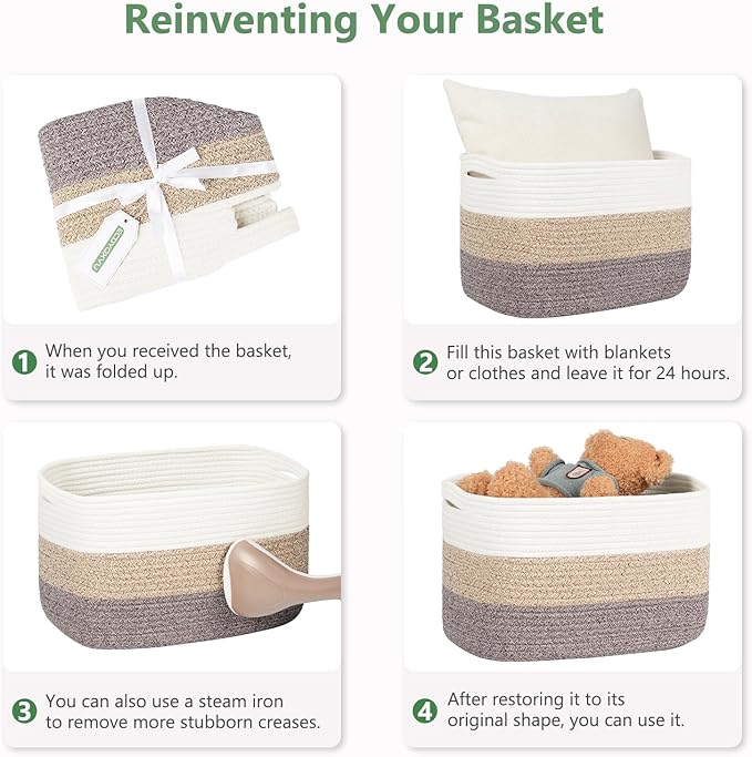 Cotton Rope Basket, Storage Baskets with Handle, 15x10x9 Inch Woven Basket for Shelves, Laundry, Towels, Clothes, Books (Light/Pink 2Pack)