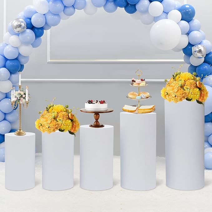 5Pcs Cylinder Pedestal Stands 20''/21.5''/23.5'' /29.5''/35.5'' Round Cylinder Pedestal Pillars Metal Pedestals Display Cake Cylinder Stand Dessert Display Pillars Dessert Stand for Party Decoration