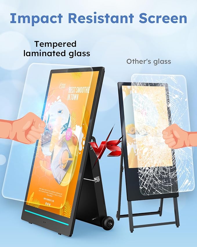 55-inch Rechargeable Portable FHD Outdoor Digital Signage Displays, IP65 Waterproof, Smart LCD Split Screen, Brightness Auto-Adjustment Movable Advertising Kiosk with Android OS