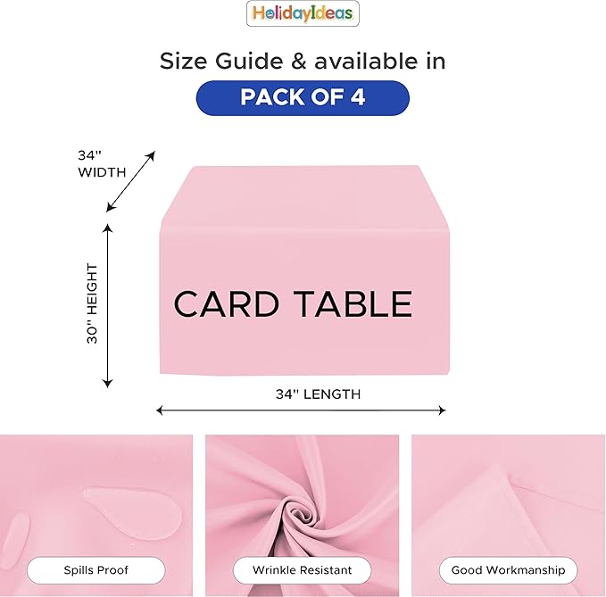 HolidayIdeas Card Table Covers Fitted Square 34x34 Inch, Wrinkle Resistant Washable Small Square Tablecloth 3 Ft for Folding Table, Pink, Set of 4
