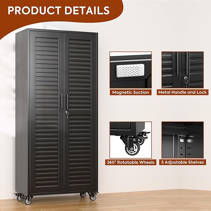 Aobabo 71H''*32''W*16''D Metal Garage Storage Cabinet with Wheels,5 Adjustable Shelves Steel Storage Cabinets for Home,Warehouse,Garage,Assembly Required,Black