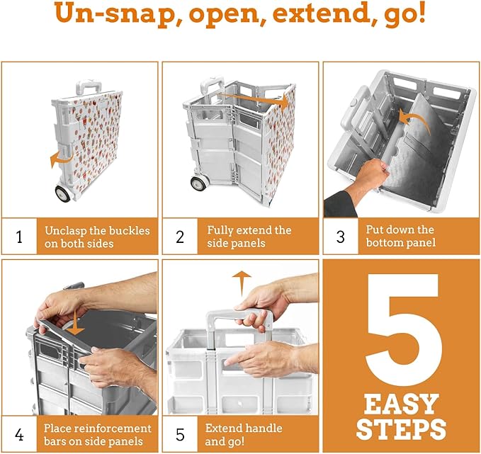 Inspired Living Ultra-Slim Rolling Collapsible Storage Pack-N-Roll Utility-carts, with Telescopic Handle, for Home, Garden, Shopping, Office, School use, Large, White, Cocktail Print