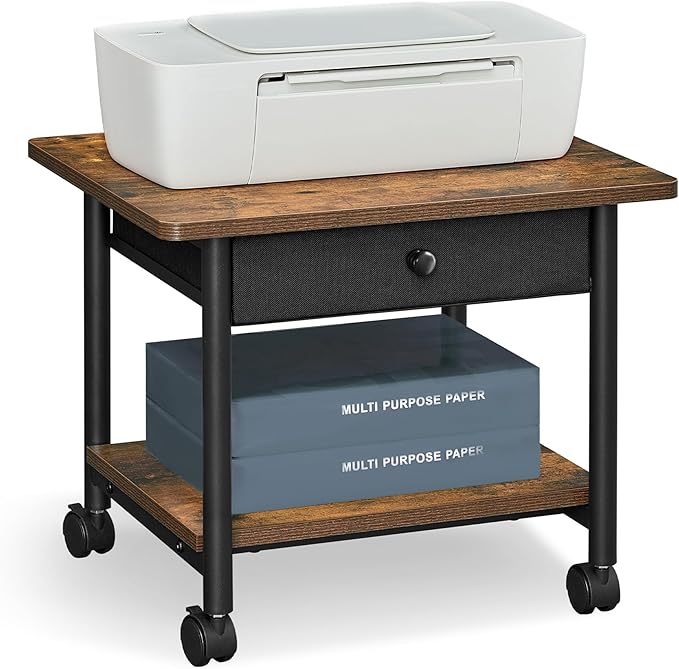 VASAGLE Heavy-Duty Printer Stand with Locking Wheels, 2-Tier with Drawer Industrial Mobile Cart with Storage Shelf, Printer Table for Home, Office, 15.6" Height, Rustic Brown and Black UOPS004B01