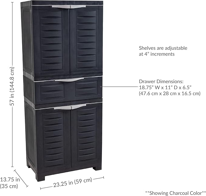 Sunnydaze Plastic Garage Storage Cabinet with 2 Adjustable Shelves - 57" H - Garage, Office, Home, Laundry Room - Gray