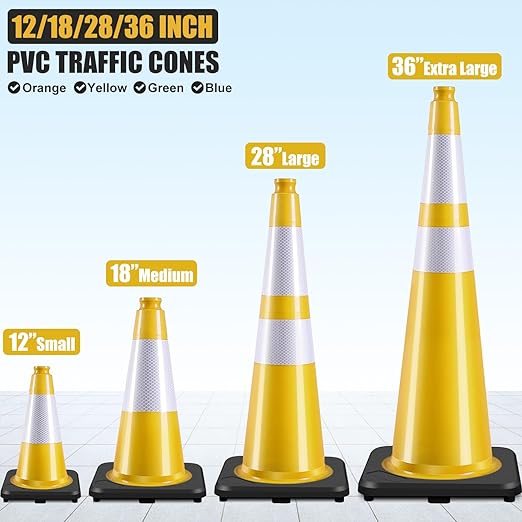 Fluorescent Orange/Green PVC Traffic Cones, Heavy Black Base Parking Lot Cone Structurally Stable Weatherproof Road Construction Safety Cones (8, Yellow, 12" Small)