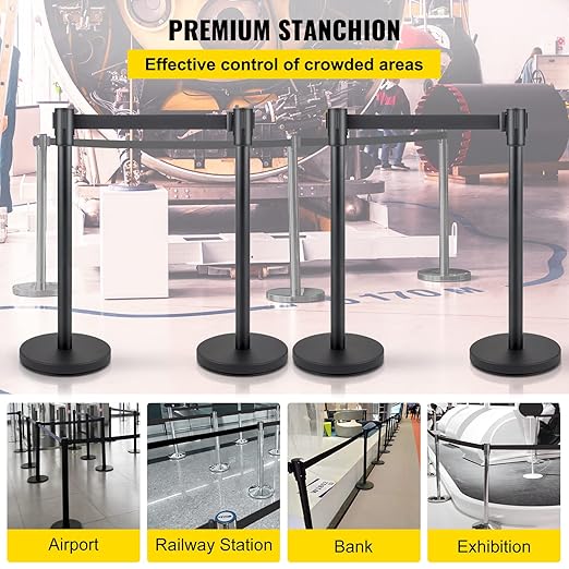 VEVOR Crowd Control Stanchion, Set of 4 Pieces Stanchion Set, Stanchion Set with 6.6 ft/2 m Black Retractable Belt, Black Crowd Control Barrier w/Concrete and Metal Base - Easy Connect Assembly