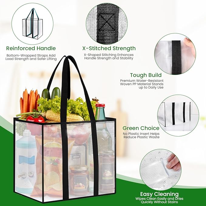 4 Pack Reusable Grocery Bags, Heavy-Duty Shopping Bags with Sturdy Handles, Water-Resistant & Foldable Organizer, Shopping Bags for Groceries, Market, Car Trunk, Multi-Purpose, 42L
