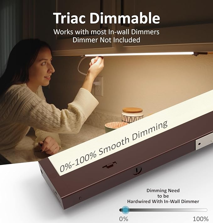 LED Under Cabinet Lighting Hardwired or Plug in, 24 Inch 12W, Dimmable 5 Color 2700K/3000K/3500K/4000K/5000K, Linkable Eyes Care Design Counter Lights for Kitchen, Sink, ETL Listed, Bronze