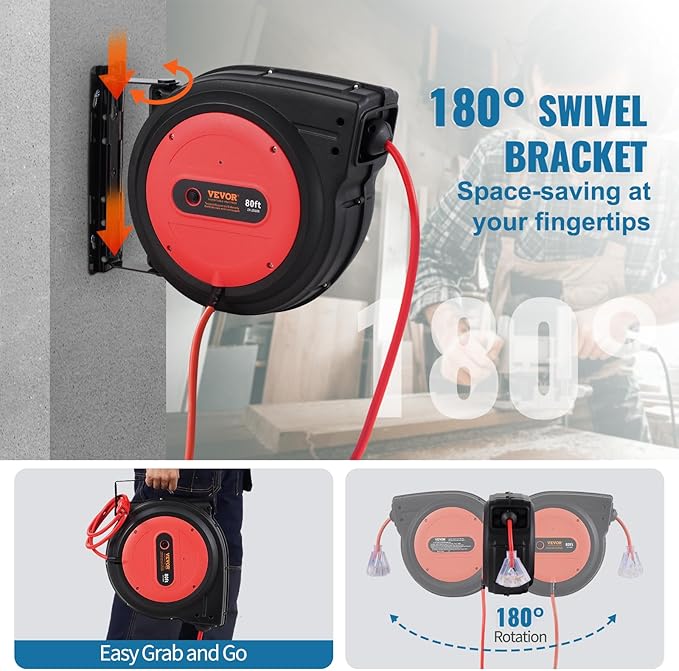 VEVOR 80FT Retractable Extension Cord Reel, 12AWG/3C SJTOW Heavy Duty Power Cord w/Lighted Electrical Triple Tap Outlets, 15A Circuit Breaker,180° Swivel Bracket for Workshop or Garage, Red