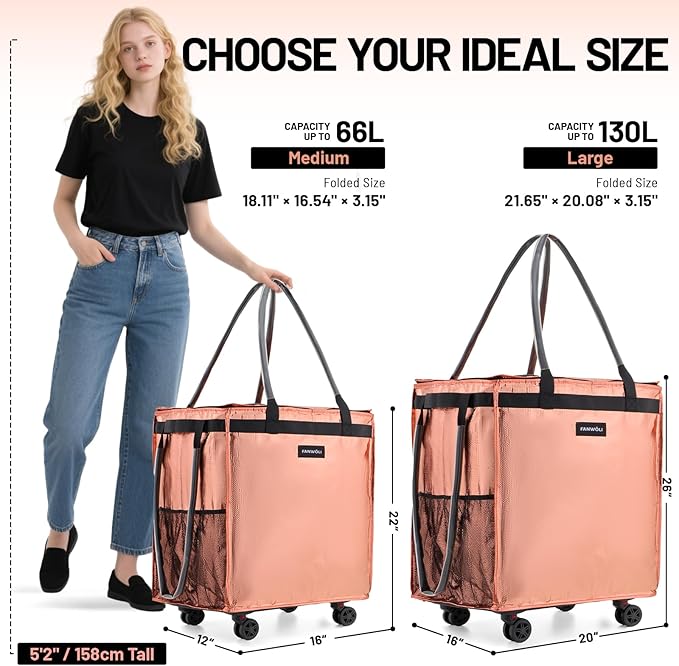 (Large) Fanwoli Reusable Grocery Bag On Wheels with Removable Liner | Wrinkle-Resistant Fabric | Enhanced Stability Wheels & Extended Handle | Foldable Shopping Trolley for Laundry, Carries Up to 130L