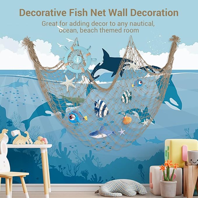 3 Pack Fish Net Decorations - 80x40'' Brown Decorative Fishing Nets Wall Decor Table Runner Ceiling Net, 3mm Natural Cotton Fish Netting for Pirate Under The Sea Nautical Beach Theme Party Decorations