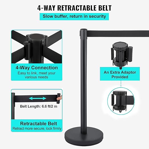 Crowd Control Stanchions, Stanchion Queue Post with Retractable Belts 6.5Ft, Easy Assembly, Crowd Control Barriers, Height 36 Inches, for Crowd Control Barriers, Pack of 6, Black