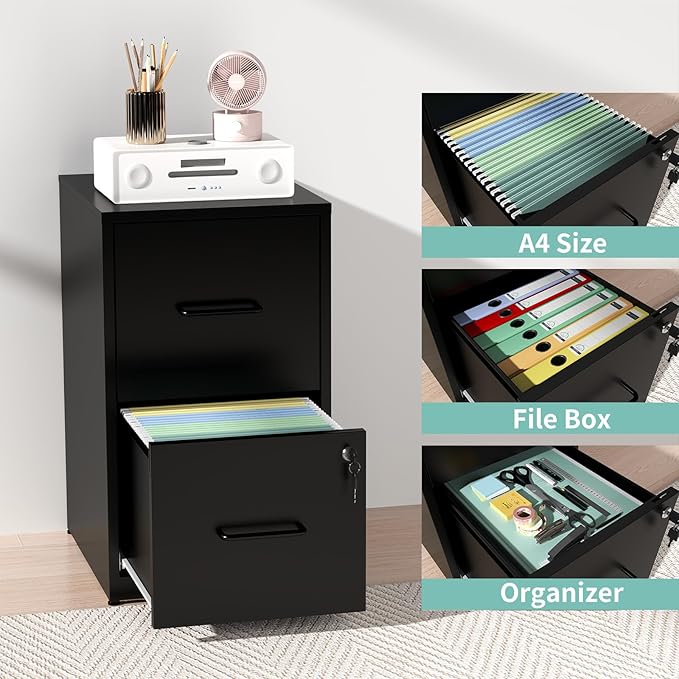 AQY 2 Drawer Filing Cabinet with Lock, Metal Black File Cabinet for Home Office, 18" Deep Vertical Storage Drawer for Hanging A4/Letter/Legal Size Files, Assembly Required