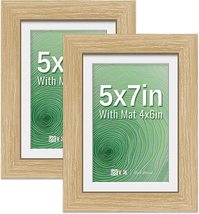 VCK 5x7 Picture Frame 2 Pack - Natural Oak, High-End Wood Poster Frames with Tempered Glass, Display 4x6 Photo with Mat or 5x7 without Mat, Art Gallery-Quality, Wall Hanging/Tabletop, Natural Oak