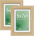 VCK 5x7 Picture Frame 2 Pack - Natural Oak, High-End Wood Poster Frames with Tempered Glass, Display 4x6 Photo with Mat or 5x7 without Mat, Art Gallery-Quality, Wall Hanging/Tabletop, Natural Oak