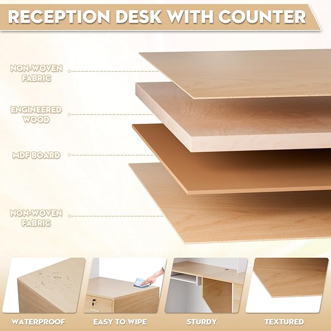 L-Shaped Modern Reception Desk with Counter & Storage - 71" Large Office Front Desk, Salon Checkout Counter with Lockable Cabinets, Shelves(Oak & White, Left - 71''L x 34''W x 41''H)
