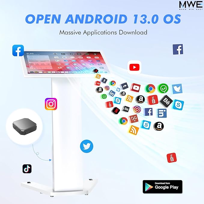 MWE 32 Inch Touch-screen Self Service Kiosk, Floor Standing Digital Signage Display, FHD Information Kiosk, 2 Speakers, Interactive Display for Mall Navigation/Self-Ordering/Advertising/Retail Store