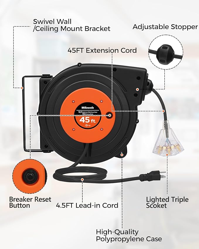 Retractable Extension Cord Reel, 45 FT Heavy Duty Power Cord, 12AWG/3C SJTOW, 3 Grounded Outlets Lighted Triple Tap, 15 Amp Circuit Breaker, UL Listed, Orange B45CR06