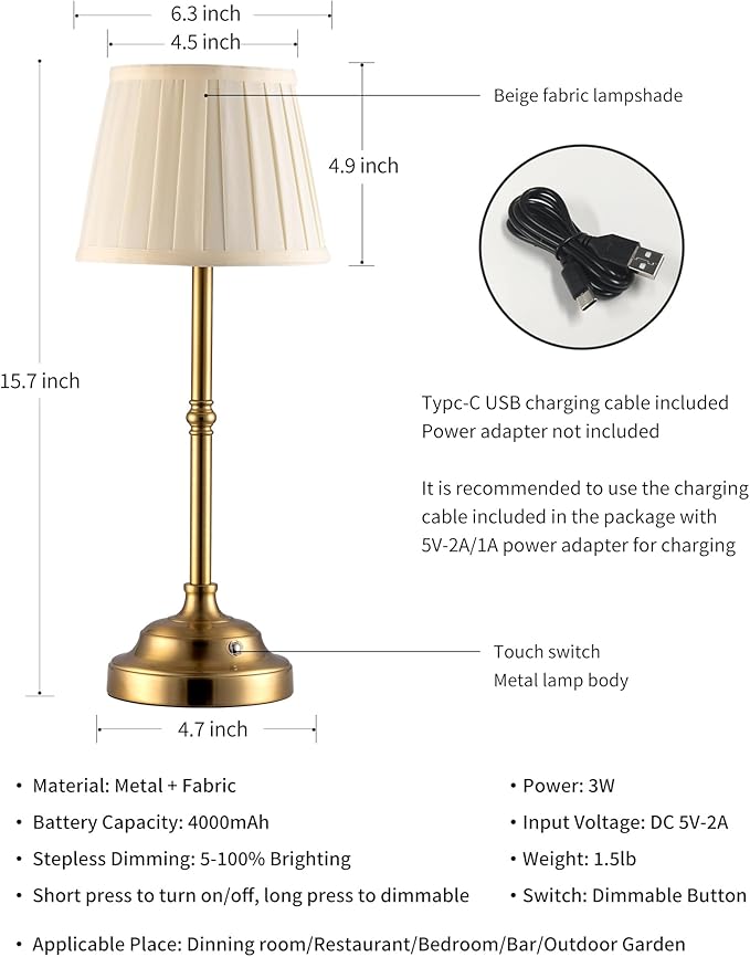KDG Portables Cordless Table Lamp, Fabric Shade Desk Lamp, 4000mAh Rechargeable Battery Powered Lighting, Dimmable Light for Dining Room, Bedroom, Bedside, Bar, Night Light, Camping, Balcony (Bronze)