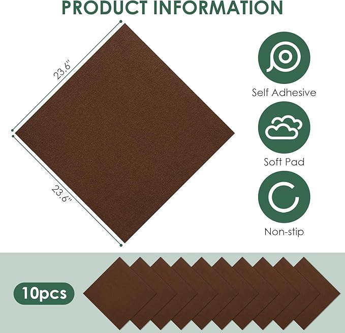 Carpet Tile 10 Pack 24” X 24” Self Adhesive Carpet Floor Tiles Anti-Slip Squares Peel and Stick Floor Tilel DIY Installation for Bedroom(Brown)