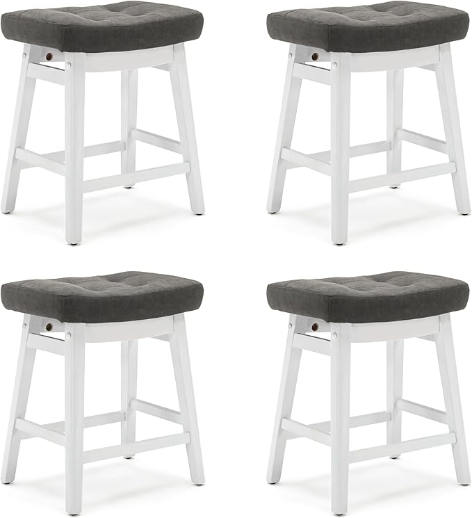 Counter Height Bar Stools Set of 4 for Kitchen Counter Farmhouse Modern Barstools with Faux Leather Upholstered Backless Seat and Solid Wood Legs 24 inch Bar Chairs, Grey + White