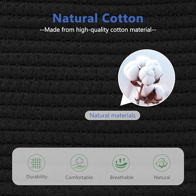 Cotton Rope Basket, Storage Baskets with Handle, 15x10x9 Inch Woven Basket for Shelves, Laundry, Towels, Clothes, Books, (Black 3Pack)