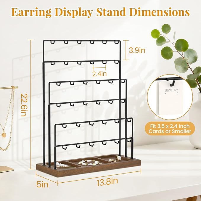 EsLuker.ly Earring Card Display Stand for Vendors Events Selling, Earring Holder Rack Metal 6 Tier 36 Hooks with Wooden Base, Large Capacity Showcase Your Jewelry at Any Event, Black