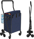 Folding Shopping Cart with Waterproof Liner, Heavy-Duty Stair-Climbing Grocery Cart with 360° Swivel Wheels - Extended Foam Handle - Utility Trolley for Laundry, Travel, Shopping (Blue)